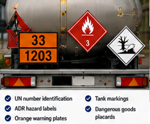 ADR-orange skilte og mærkning for farligt gods på en transportlastbil