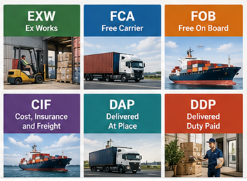 Overblik over almindelige Incoterms inkl. EXW, FOB, CIF, DDP og DAP i global logistik