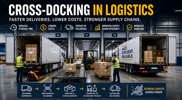 Cross-docking-lager med lastbiler, der læsser og aflæsser gods i et moderne europæisk logistikcenter