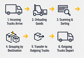 Cross-docking-workflow med indgående og udgående logistiklastbiler