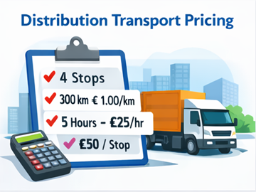 Prisfastsættelse for distributionstransport med flere stop, distance, timer og beregning af pris pr. stop på clipboard