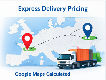 Ekspresleveringsrute på Europakort med lastbil og transportpris beregnet via Google Maps