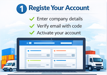Registrér en kundekonto på ExusTrans med virksomhedsoplysninger og e-mailverificering