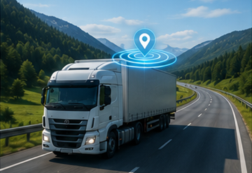 Lastbil med GPS-sporingssystem kører på europæisk motorvej under en logistikopgave