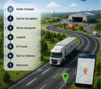 Digital logistikproces, der viser forsendelsessporing, GPS-ruter og opdateringer af transportstatus