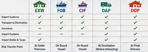 Sammenligning af ansvarsfordeling ved EXW, FOB, CIF, DAP og DDP i international transport