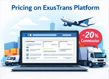 ExusTrans prisdashboard, der viser muligheder for ekspres, fastpris og distribution med 20 procents provisionssystem