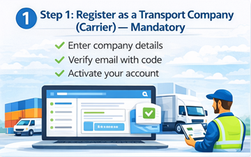 Transportvirksomhed, der registrerer en carrier-konto på ExusTrans-platformen med virksomhedsverificering og aktiveringsproces