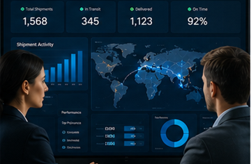Supply chain-managere, der overvåger analyse af transportsoring og logistikdashboards