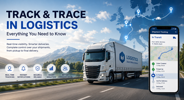 Moderne track and trace-system i logistik, der viser lastbiler, forsendelsesoverblik, GPS-sporing og leveringsovervågning i realtid på tværs af Europa