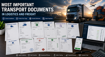 Samling af vigtige transportdokumenter, herunder CMR, faktura, toldpapirer og digital logistisk sporing i Europa
