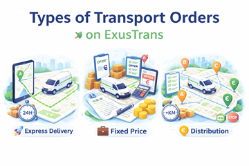 Oversigt over ekspres-, fastpris- og distributions-transportordrer på ExusTrans med illustration af ruteplanlægning og prissætning